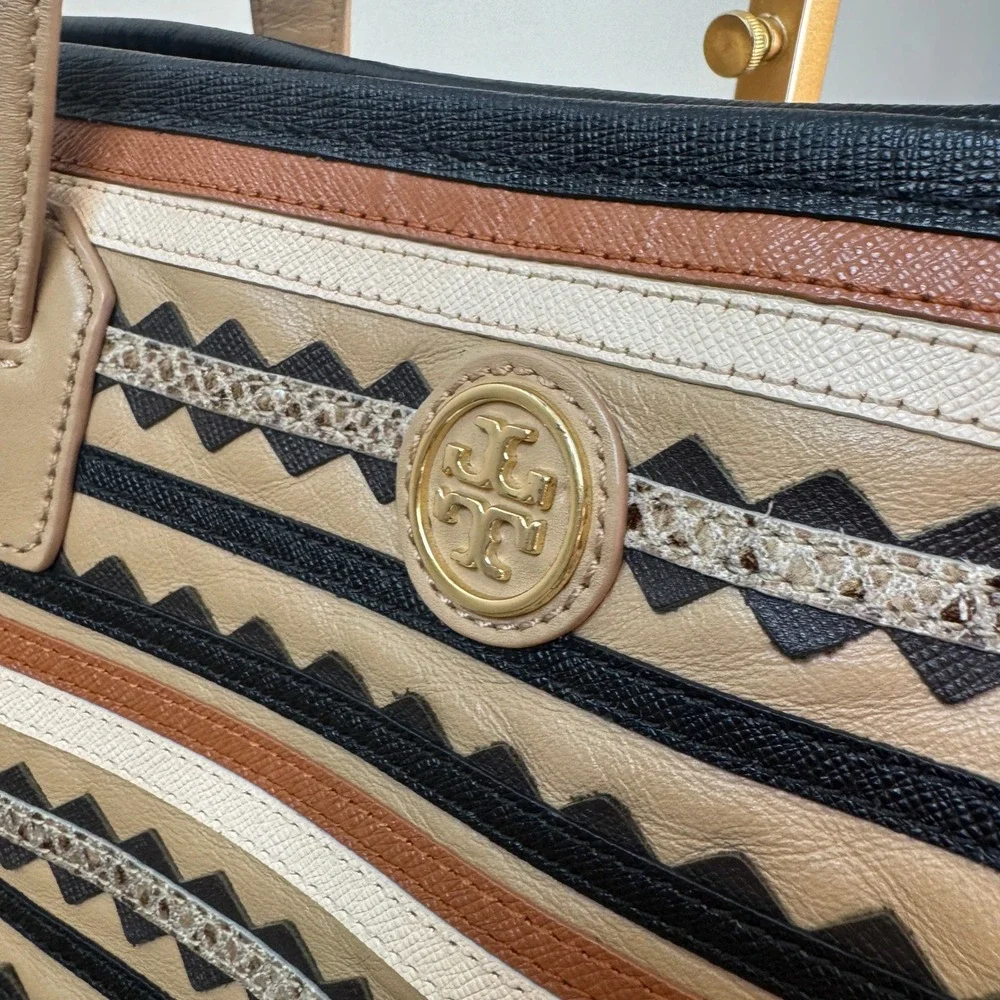 Tory Burch Kerrington Striped Zig Zag Snakeskin Leather Tote Bag Tan Black Multi